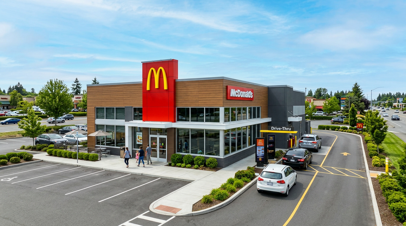 Restaurace McDonald's se zlatými oblouky a drive-thru