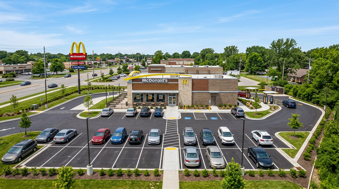 Samostatná budova restaurace McDonald's s parkovištěm