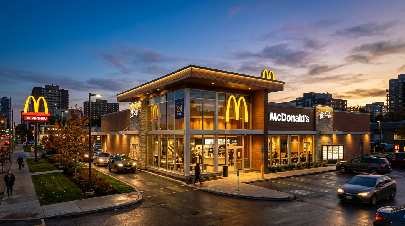 Restaurace McDonald's se zlatými obloukem za soumraku